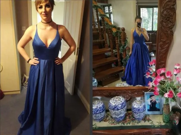 Spaghetti Strap Royal Blue Prom Dresses Satin Simple Party Dresses Open Back Evening Dresses