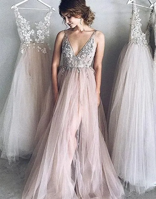 Spaghetti Straps Beaded Chic Prom Dresses A Line Elegant Evening Formal Dress