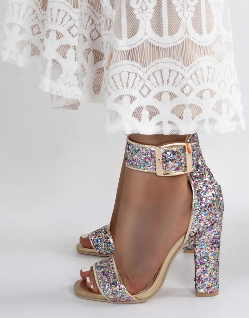 Sparkly Golden Ankle Buckle Open Toe Chunky Heels