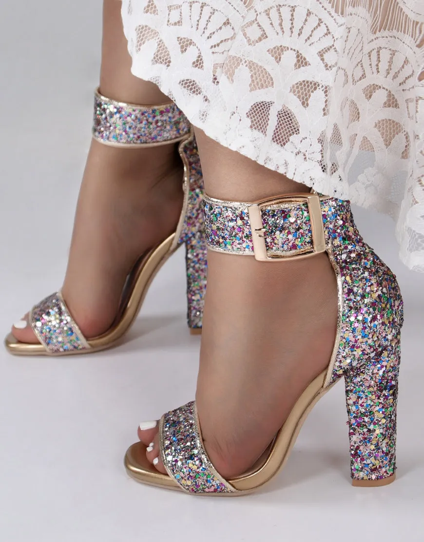 Sparkly Golden Ankle Buckle Open Toe Chunky Heels