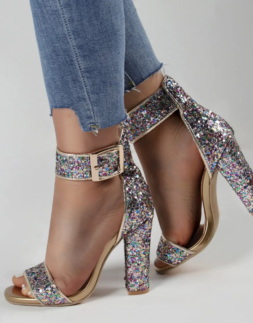 Sparkly Golden Ankle Buckle Open Toe Chunky Heels
