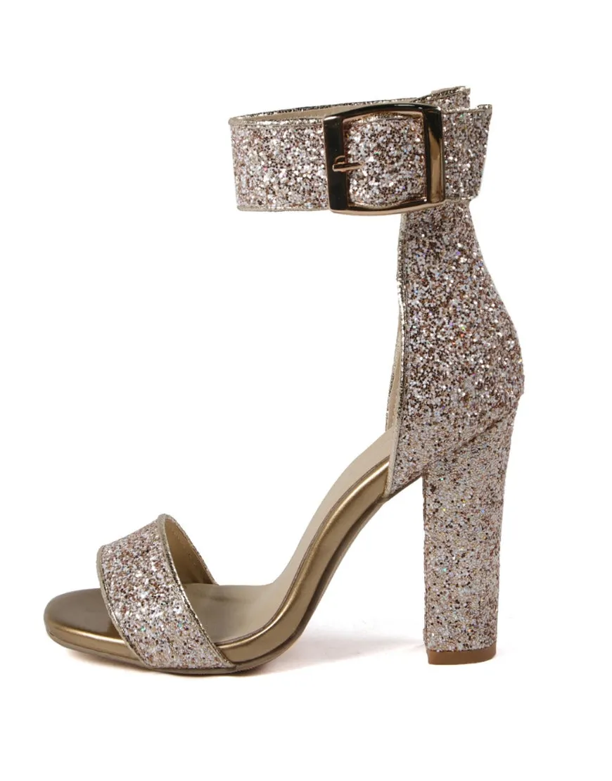 Sparkly Golden Ankle Buckle Open Toe Chunky Heels