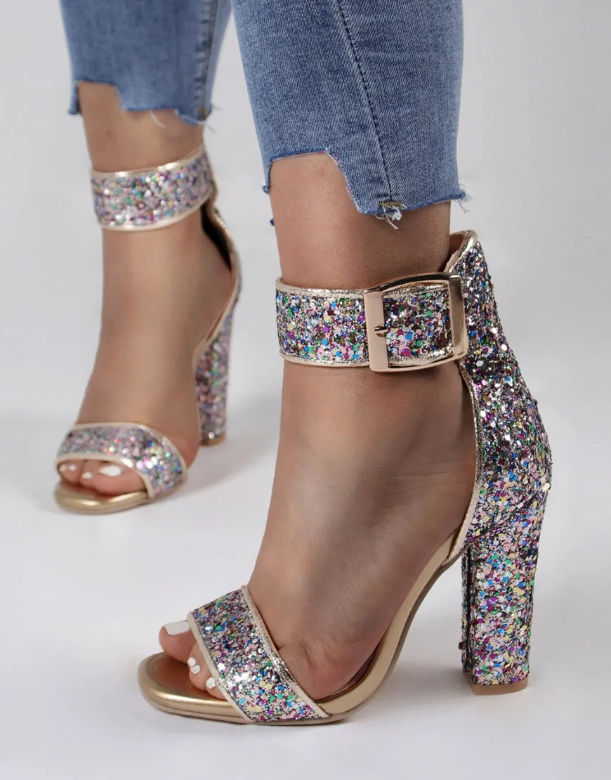 Sparkly Golden Ankle Buckle Open Toe Chunky Heels