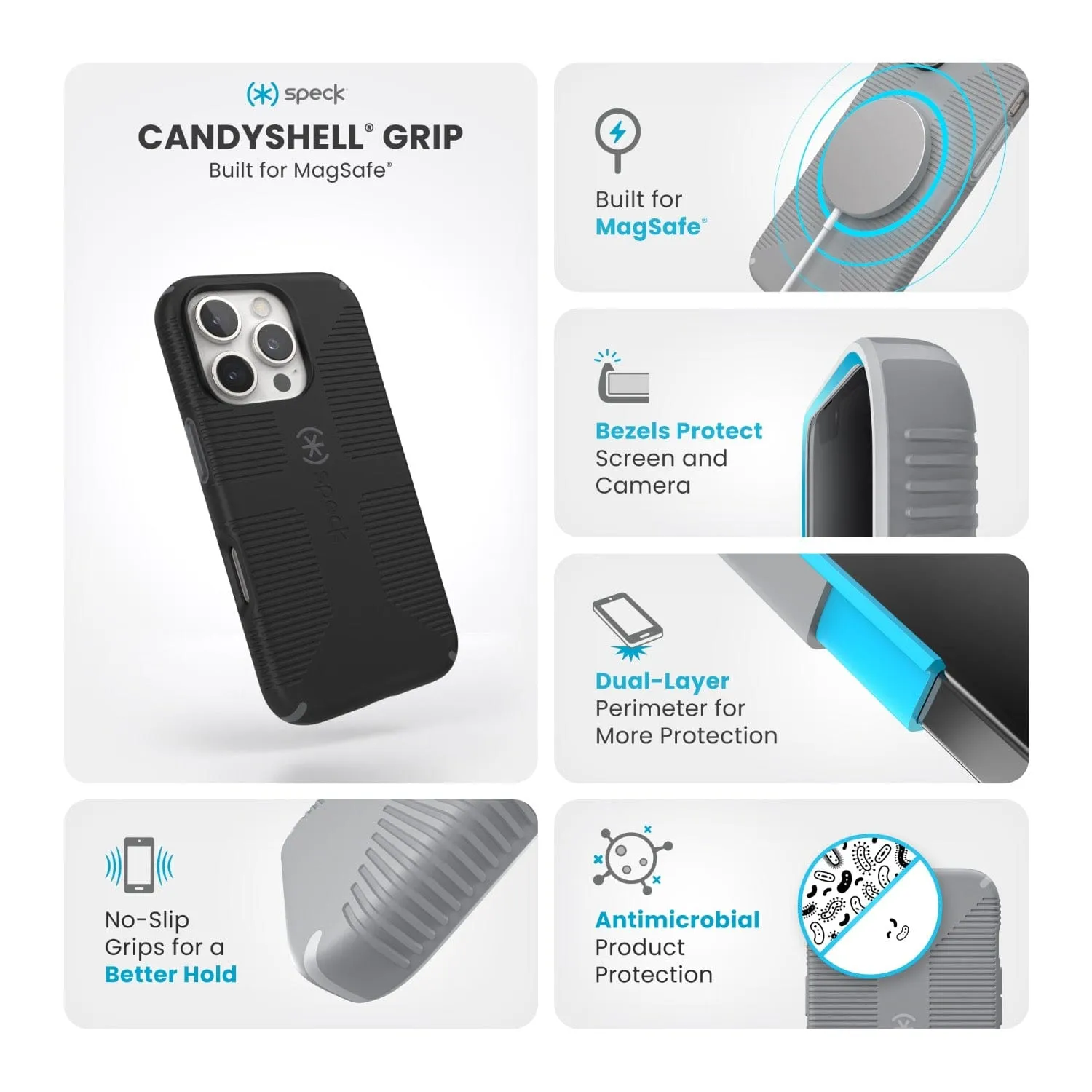 Speck Candyshell Grip MagSafe Case – Apple iPhone 16 Pro – Black & Slate Grey