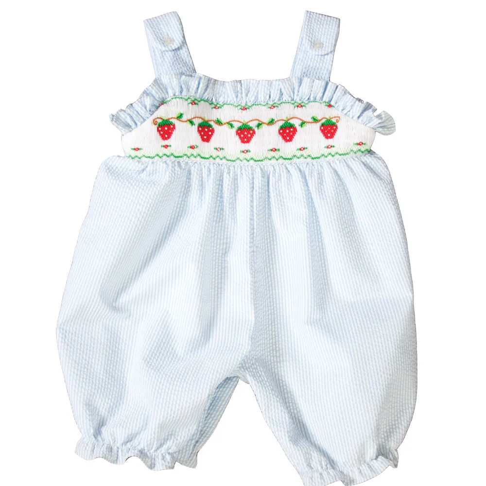 Strawberries Vine Light Blue Striped Seersucker Smocked Knicker