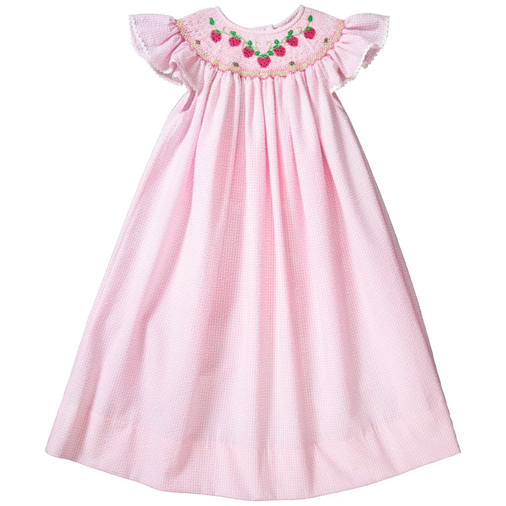 Strawberries Vine Pink Gingham Seersucker Smocked Bishop with RicRac