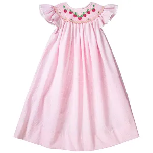 Strawberries Vine Pink Gingham Seersucker Smocked Bishop with RicRac