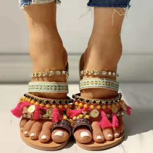 Studded Tassel Design Toe Ring Sandals