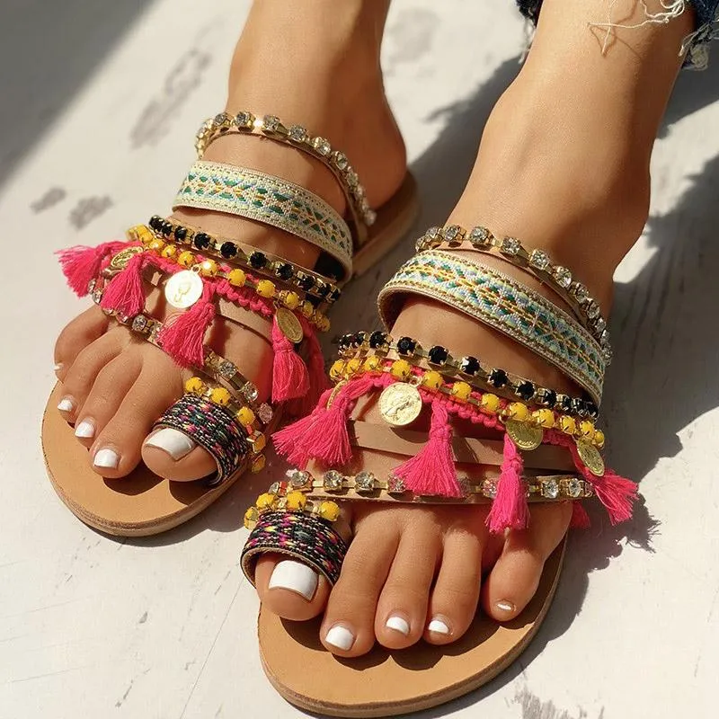 Studded Tassel Design Toe Ring Sandals