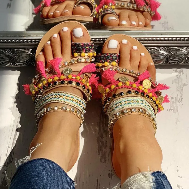 Studded Tassel Design Toe Ring Sandals