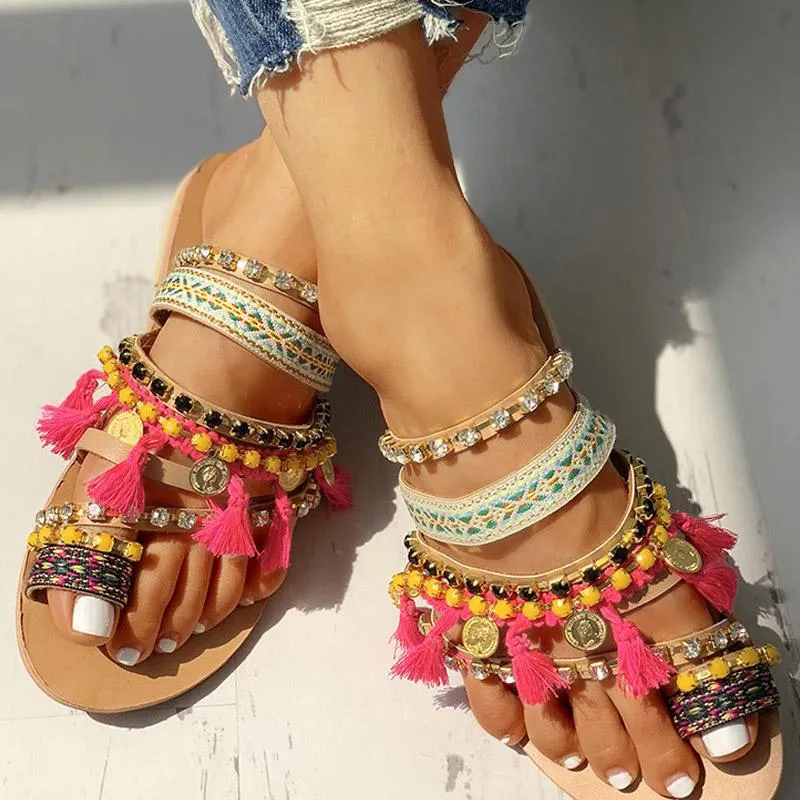 Studded Tassel Design Toe Ring Sandals