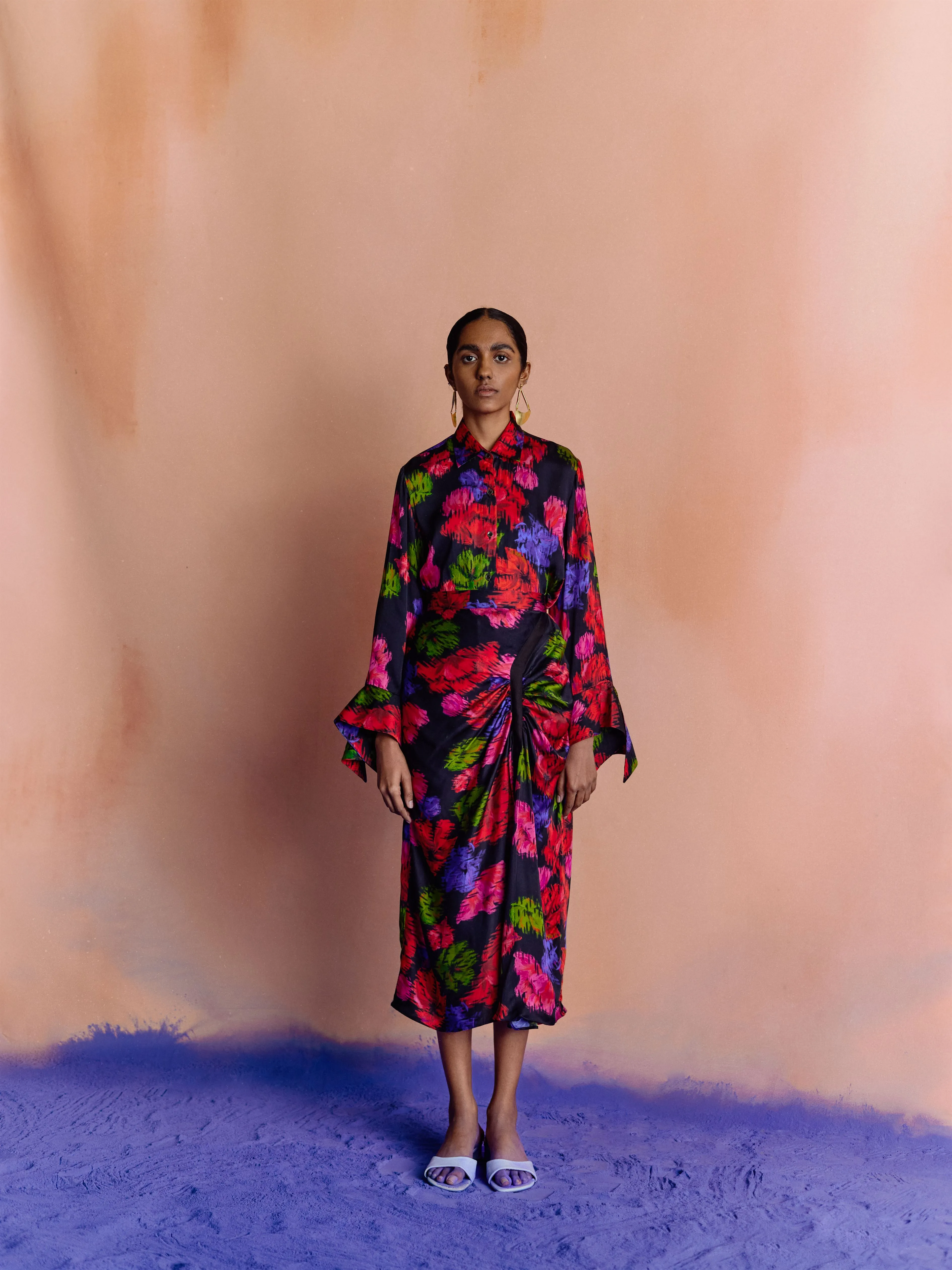 Studio Rigu   I   Womenswear, Western Kalora Draped Skirt Black Base With Big Flower In Red/Pink/Blue / Srdd040