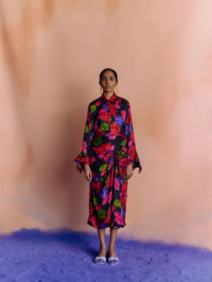 Studio Rigu   I   Womenswear, Western Kalora Draped Skirt Black Base With Big Flower In Red/Pink/Blue / Srdd040
