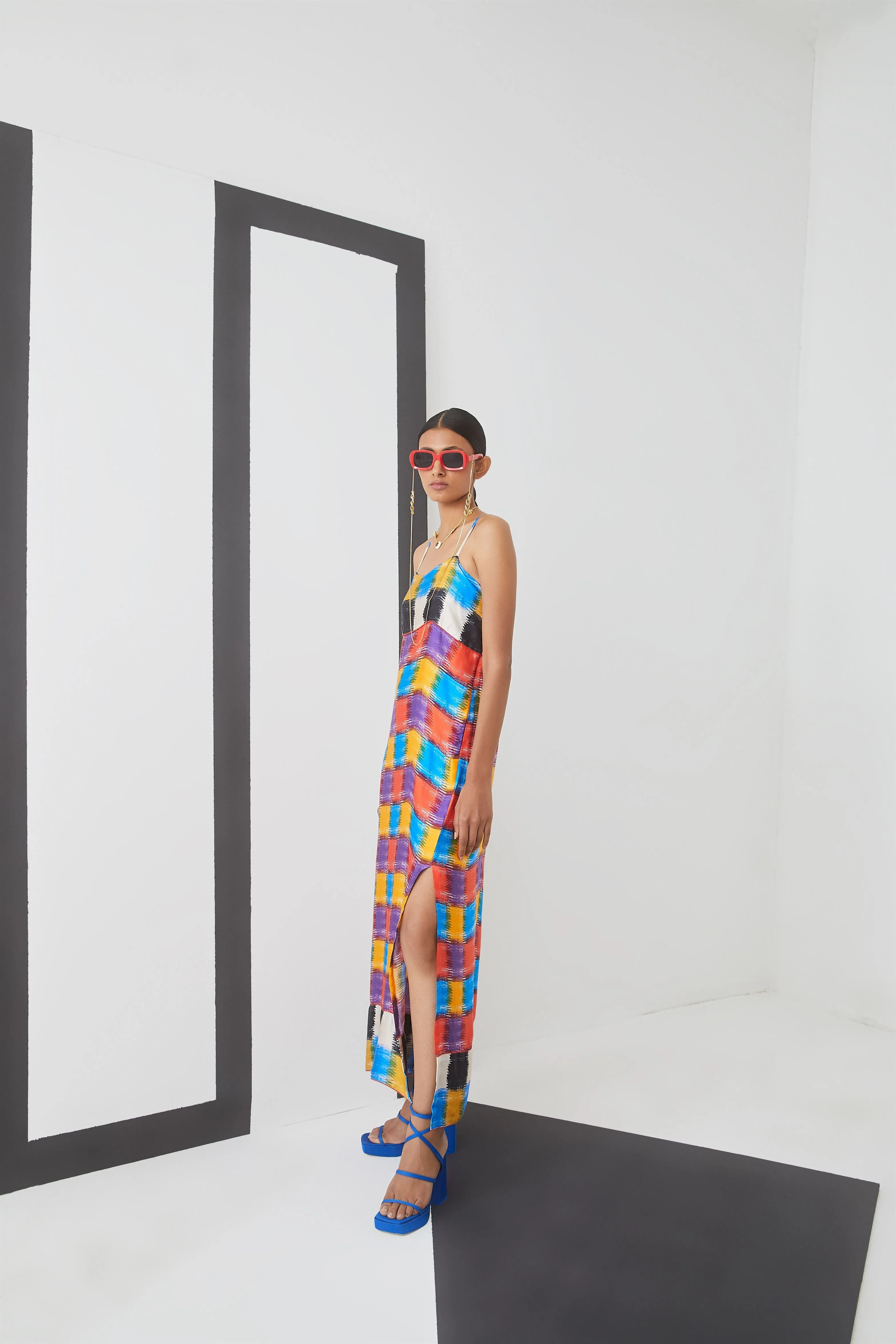 Studio Rigu Reki Baltimore Check Slip Dress Digital Print Vegan Silk Arcadia Collection