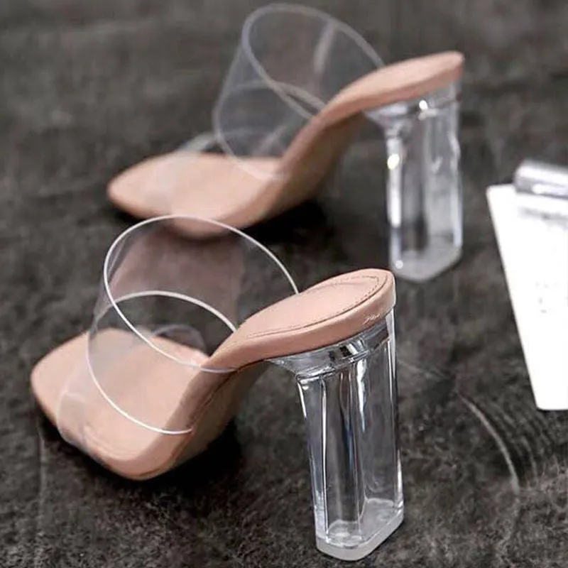 Summer Pumps Sandals PVC Jelly Slippers Open Toe High Heels Transparent Perspex Slippers Shoes Heel Clear Sandals