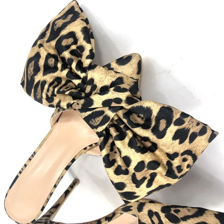Summer Sexy Black Open Toe Big Bow Tie Leopard Slippers Fashion