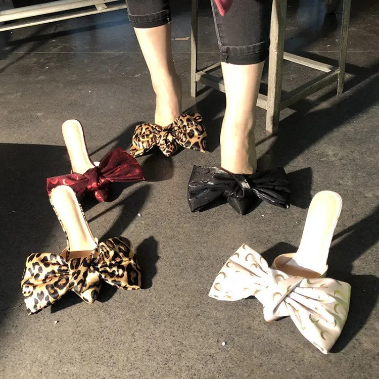 Summer Sexy Black Open Toe Big Bow Tie Leopard Slippers Fashion