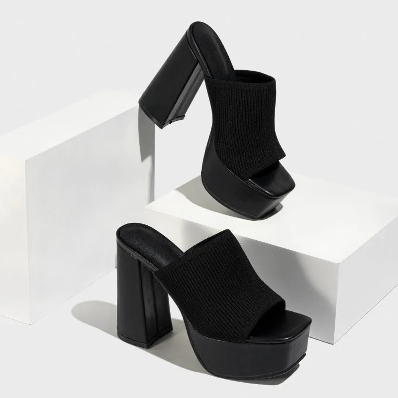 Summer Women Knitted Fashionable Chunky Heel Waterproof Platform Outdoor Street Catwalk Show Peep Toe Slippers