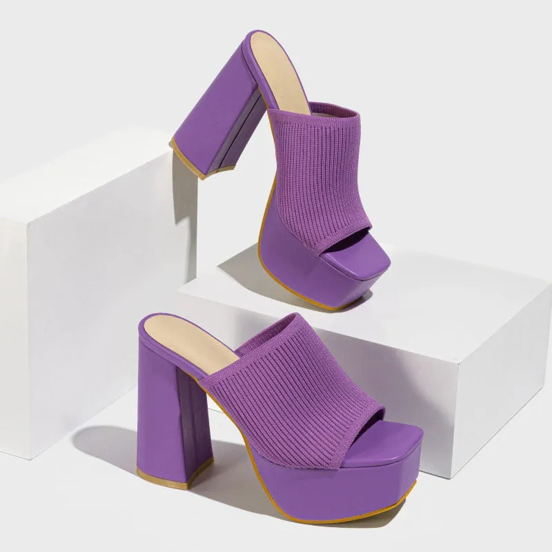 Summer Women Knitted Fashionable Chunky Heel Waterproof Platform Outdoor Street Catwalk Show Peep Toe Slippers