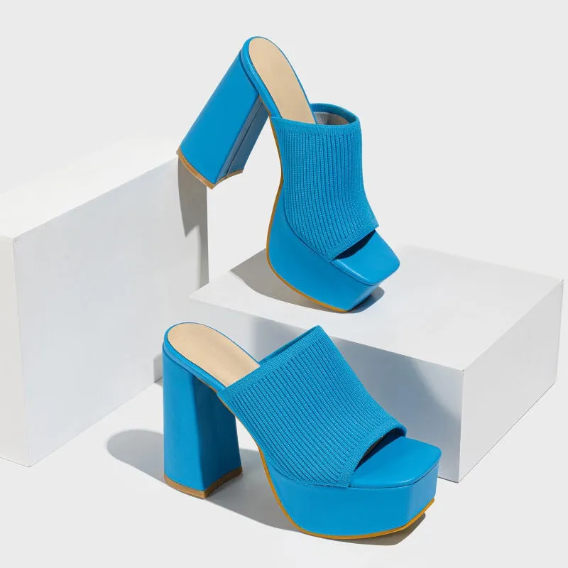 Summer Women Knitted Fashionable Chunky Heel Waterproof Platform Outdoor Street Catwalk Show Peep Toe Slippers