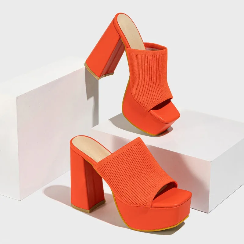 Summer Women Knitted Fashionable Chunky Heel Waterproof Platform Outdoor Street Catwalk Show Peep Toe Slippers