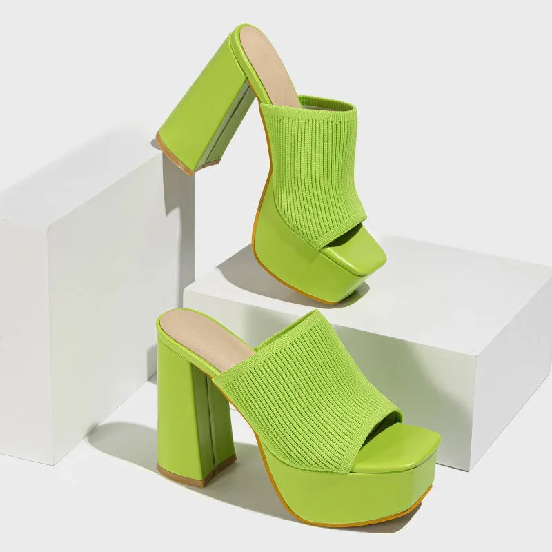Summer Women Knitted Fashionable Chunky Heel Waterproof Platform Outdoor Street Catwalk Show Peep Toe Slippers