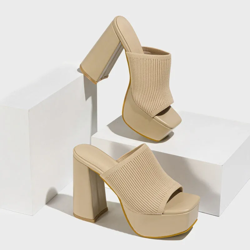 Summer Women Knitted Fashionable Chunky Heel Waterproof Platform Outdoor Street Catwalk Show Peep Toe Slippers
