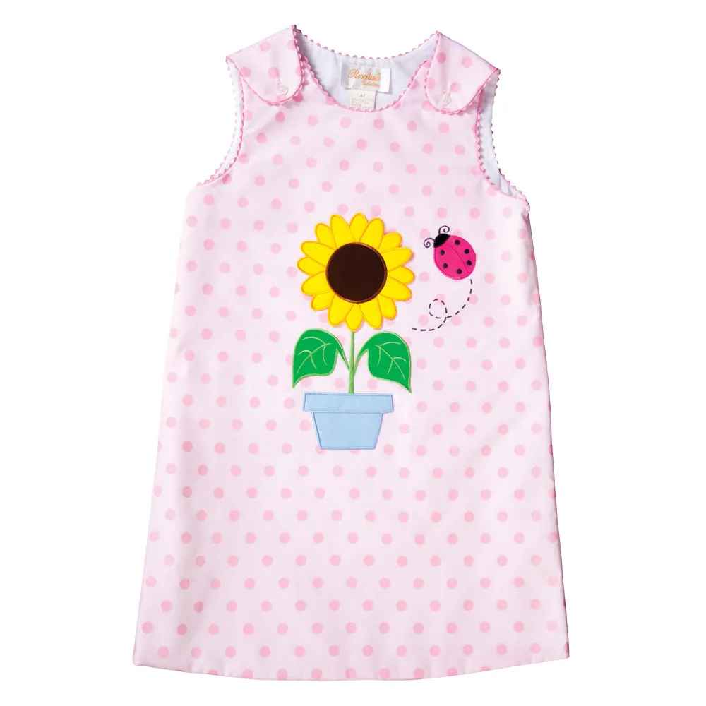 Sunflower & Ladybug Applique Pink Dotted Aline with RicRac