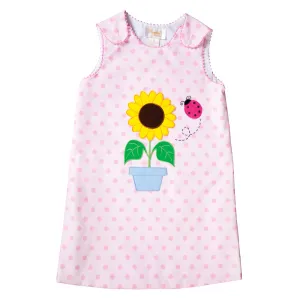Sunflower & Ladybug Applique Pink Dotted Aline with RicRac