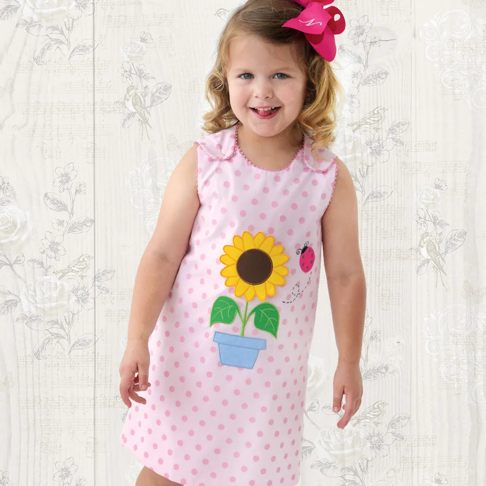 Sunflower & Ladybug Applique Pink Dotted Aline with RicRac
