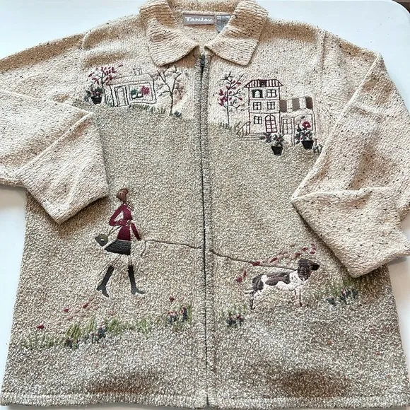 Tanjay - M, beige embroidered fall sweater, zippered, dog/cottage