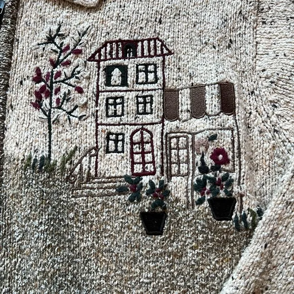 Tanjay - M, beige embroidered fall sweater, zippered, dog/cottage