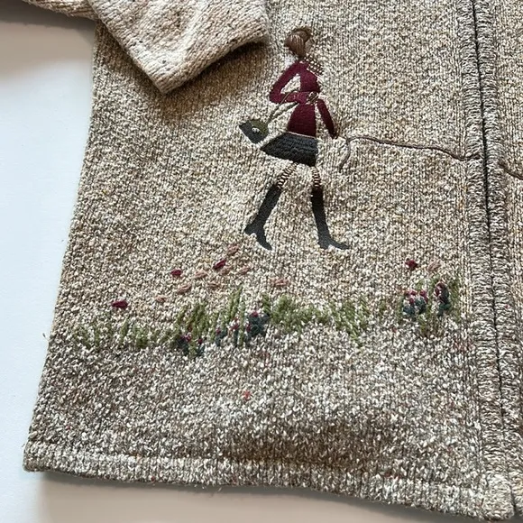 Tanjay - M, beige embroidered fall sweater, zippered, dog/cottage