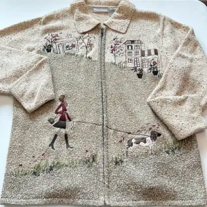 Tanjay - M, beige embroidered fall sweater, zippered, dog/cottage