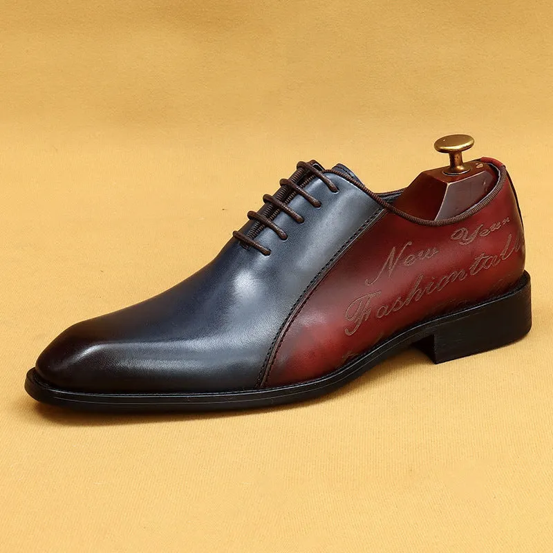 Top Layer Cowhide Men's Leather Shoes Business Oxford Shoes British Color Block Pointed Toe Men's Formal Wear Shoes Lace-up Men's Shoes Handmade Shoes23130