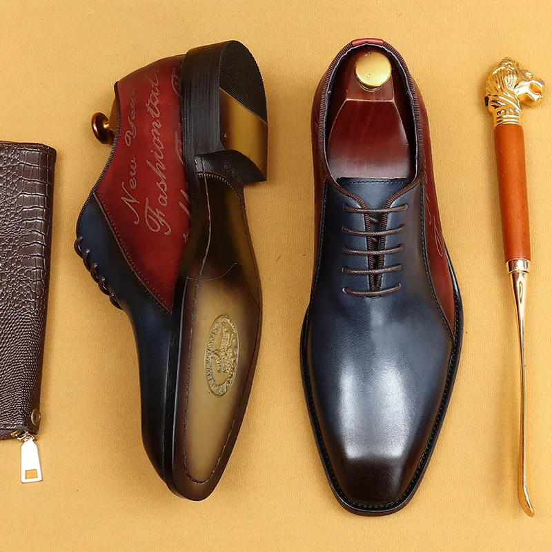 Top Layer Cowhide Men's Leather Shoes Business Oxford Shoes British Color Block Pointed Toe Men's Formal Wear Shoes Lace-up Men's Shoes Handmade Shoes23130