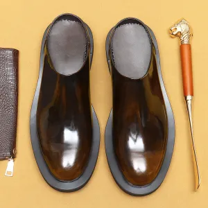 Top Layer Cowhide Men's Leather Shoes Half Slippers Men's Slip-on Platform Leather Shoes Genuine Leather Shiny Patent Leather Korean Fashion Big Head Shoes23670