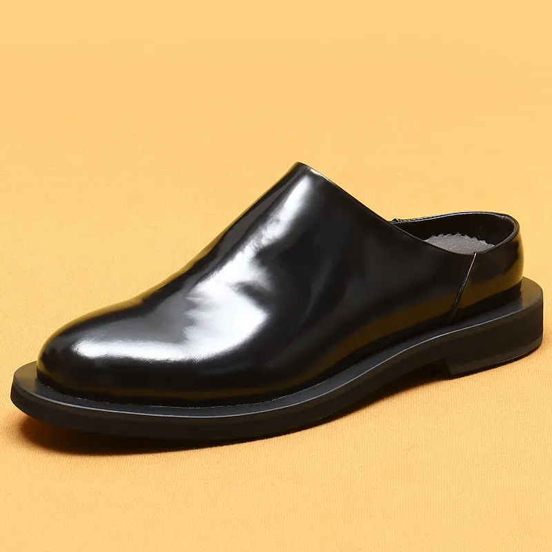 Top Layer Cowhide Men's Leather Shoes Half Slippers Men's Slip-on Platform Leather Shoes Genuine Leather Shiny Patent Leather Korean Fashion Big Head Shoes23670