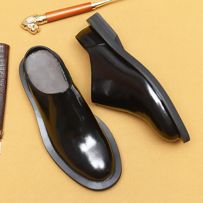 Top Layer Cowhide Men's Leather Shoes Half Slippers Men's Slip-on Platform Leather Shoes Genuine Leather Shiny Patent Leather Korean Fashion Big Head Shoes23670