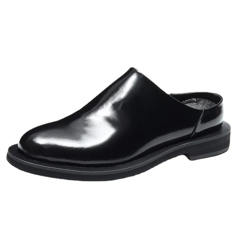 Top Layer Cowhide Men's Leather Shoes Half Slippers Men's Slip-on Platform Leather Shoes Genuine Leather Shiny Patent Leather Korean Fashion Big Head Shoes23670