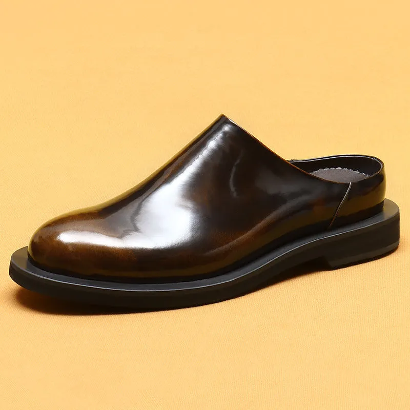 Top Layer Cowhide Men's Leather Shoes Half Slippers Men's Slip-on Platform Leather Shoes Genuine Leather Shiny Patent Leather Korean Fashion Big Head Shoes23670