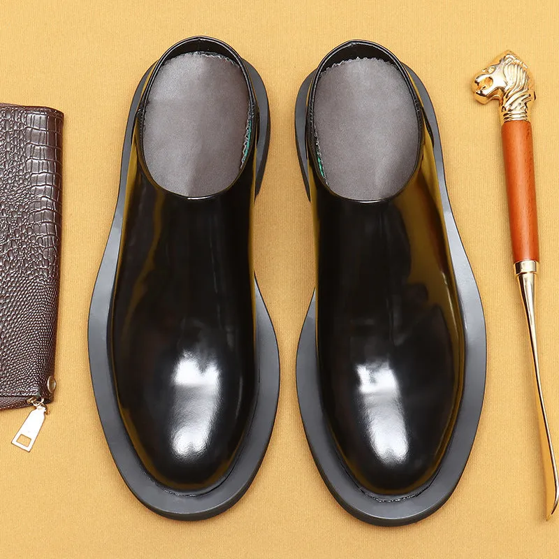 Top Layer Cowhide Men's Leather Shoes Half Slippers Men's Slip-on Platform Leather Shoes Genuine Leather Shiny Patent Leather Korean Fashion Big Head Shoes23670