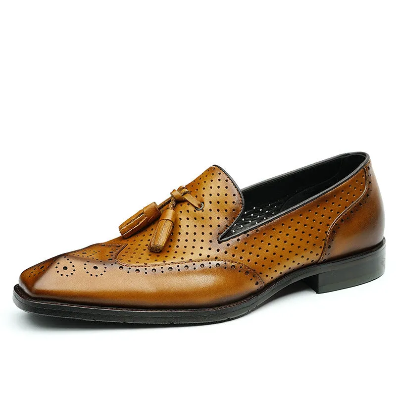 Top Layer Cowhide Men's Leather Shoes Tassel Loafers Casual Summer Leather Shoes Men's Hollow Breathable Leather Business Formal Wear Shoes68907