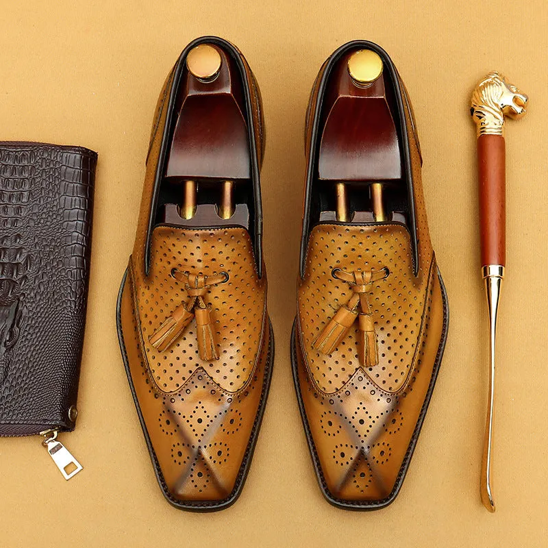 Top Layer Cowhide Men's Leather Shoes Tassel Loafers Casual Summer Leather Shoes Men's Hollow Breathable Leather Business Formal Wear Shoes68907