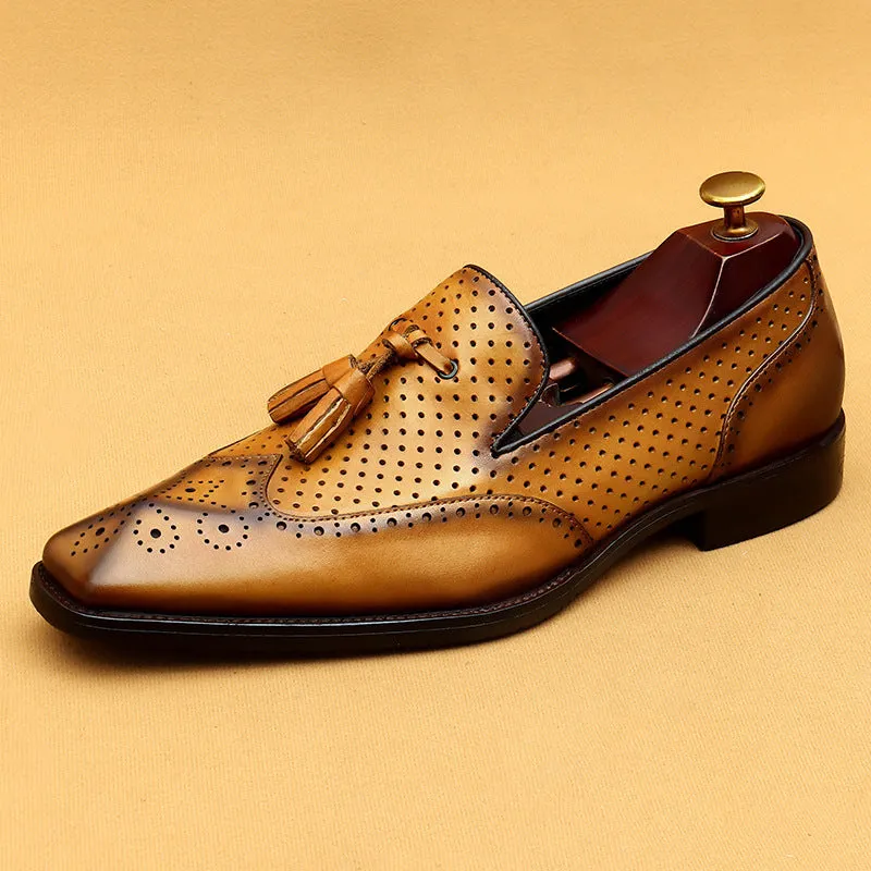 Top Layer Cowhide Men's Leather Shoes Tassel Loafers Casual Summer Leather Shoes Men's Hollow Breathable Leather Business Formal Wear Shoes68907