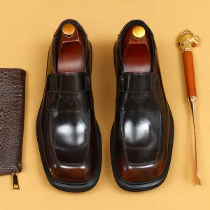 Top Layer Cowhide Men's Leather Shoes Thick Bottom Glossy Big Head Leather Shoes Men's Square-Toe Black Business Casual Pedal Loafers23702