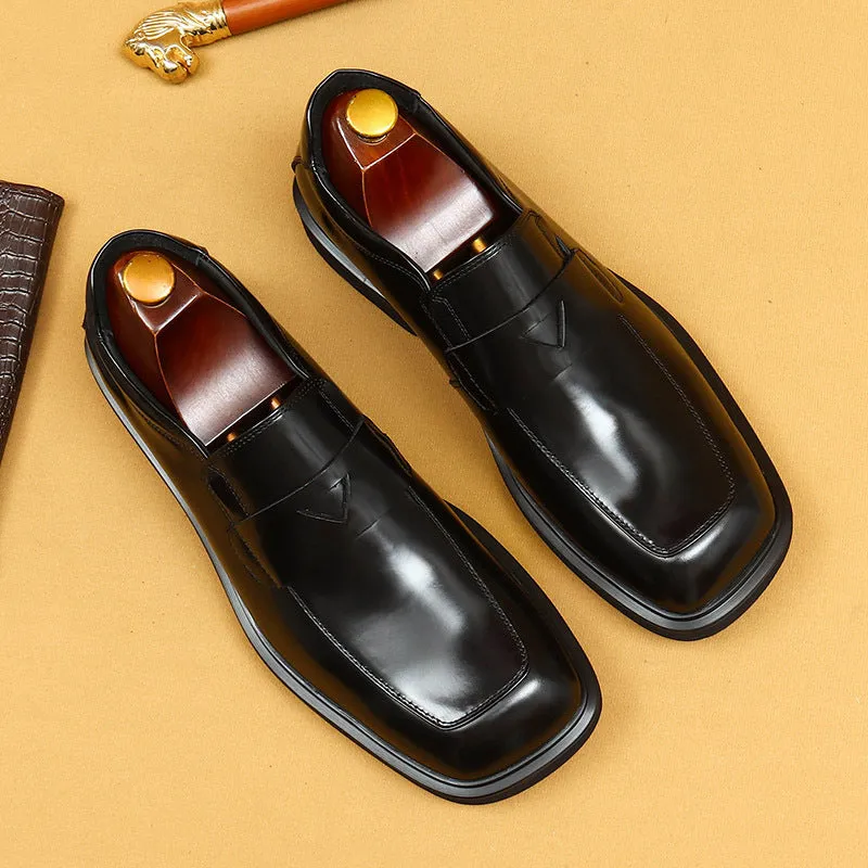 Top Layer Cowhide Men's Leather Shoes Thick Bottom Glossy Big Head Leather Shoes Men's Square-Toe Black Business Casual Pedal Loafers23702