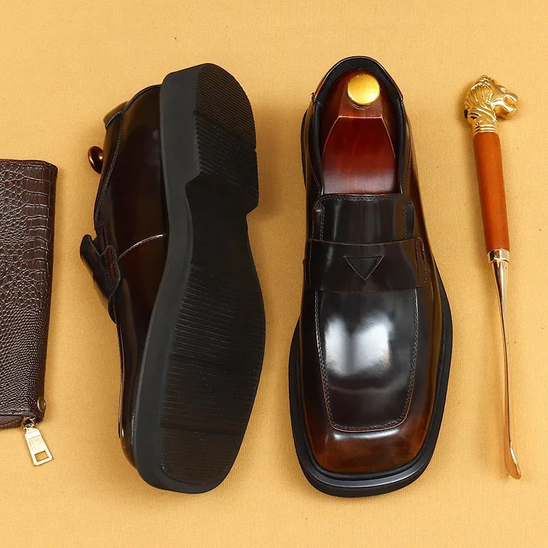 Top Layer Cowhide Men's Leather Shoes Thick Bottom Glossy Big Head Leather Shoes Men's Square-Toe Black Business Casual Slip-on Loafers23702