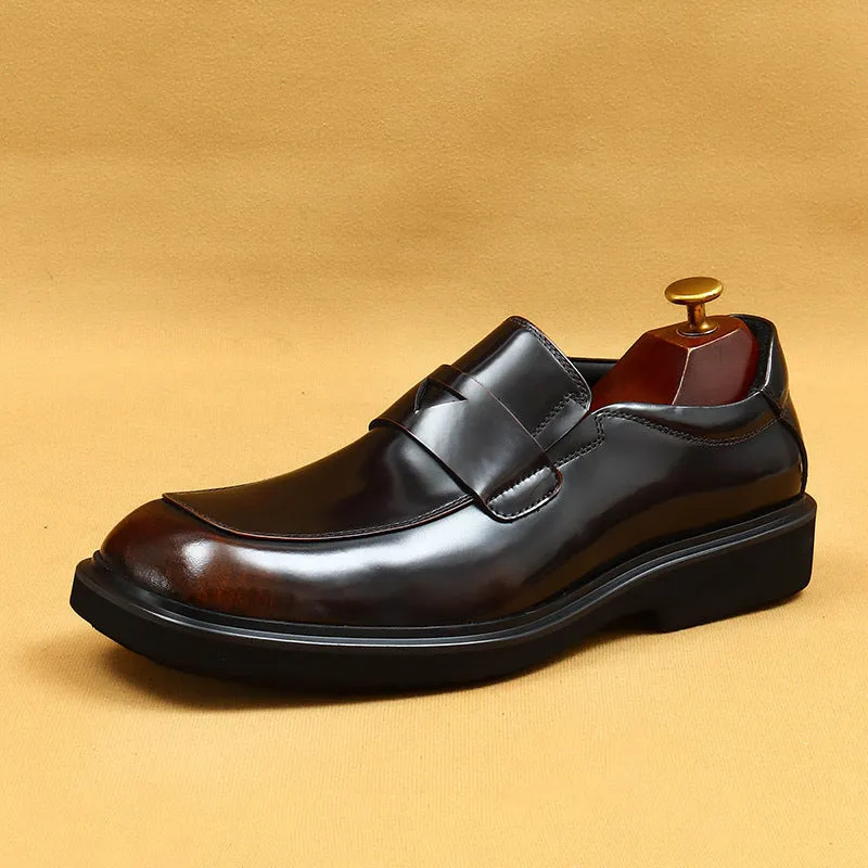 Top Layer Cowhide Men's Leather Shoes Thick Bottom Glossy Big Head Leather Shoes Men's Square-Toe Black Business Casual Slip-on Loafers23702