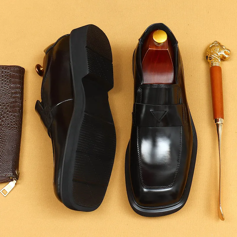 Top Layer Cowhide Men's Leather Shoes Thick Bottom Glossy Big Head Leather Shoes Men's Square-Toe Black Business Casual Slip-on Loafers23702
